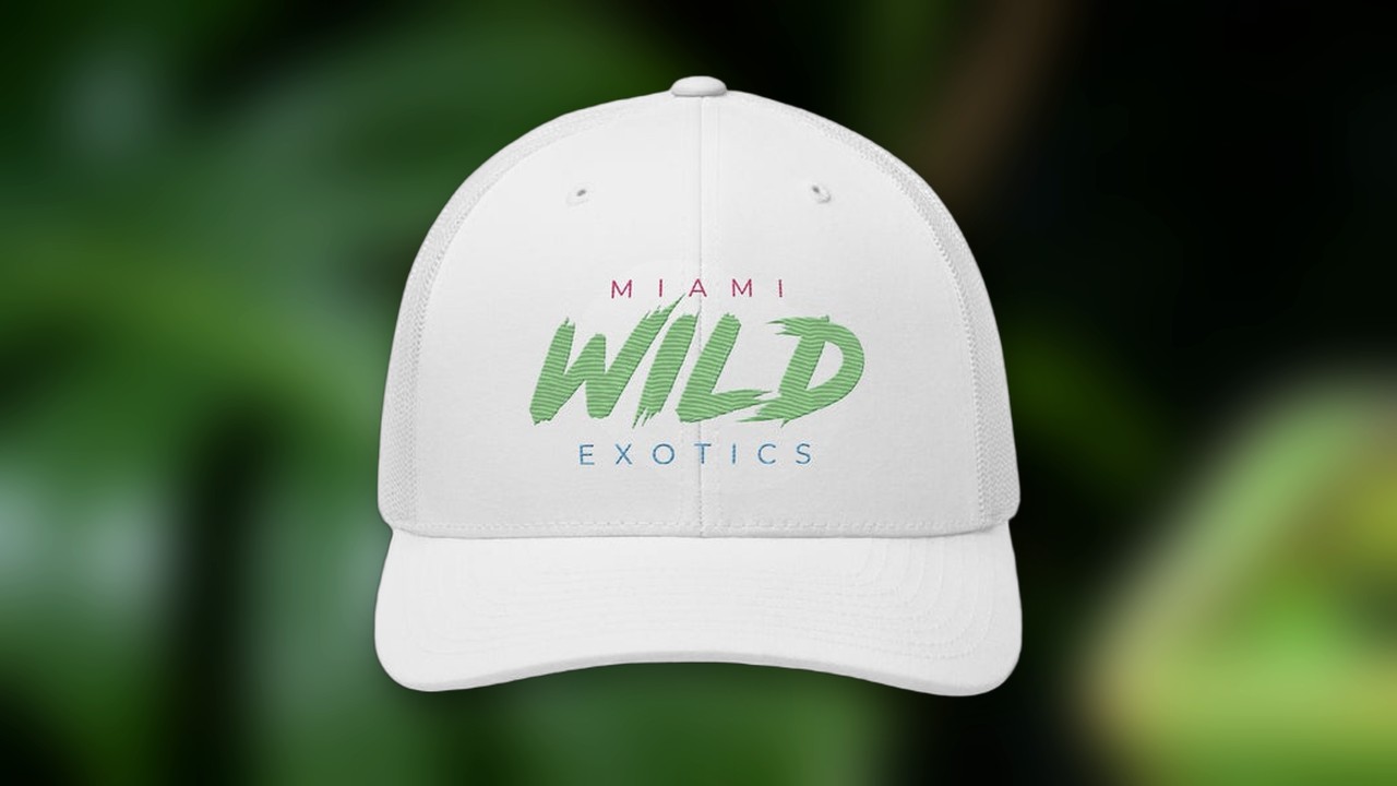 White Miami Wild Exotics trucker hat with neon WILD logo